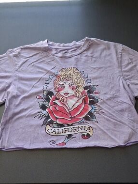 Ed Hardy Tattoo Crop Top Purple Pinup Girl Red Rose Graphic